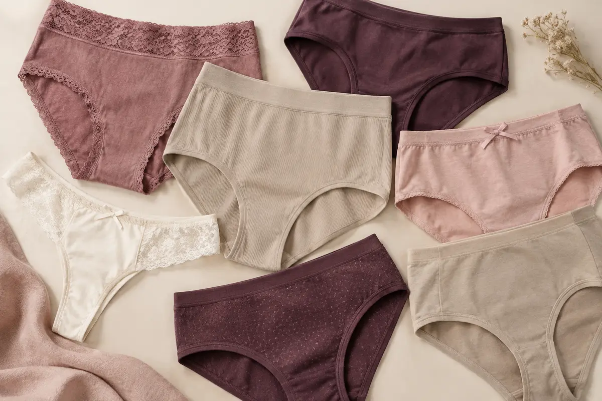 Culottes confortables de plusieurs formes présentées sur un fond ivoire