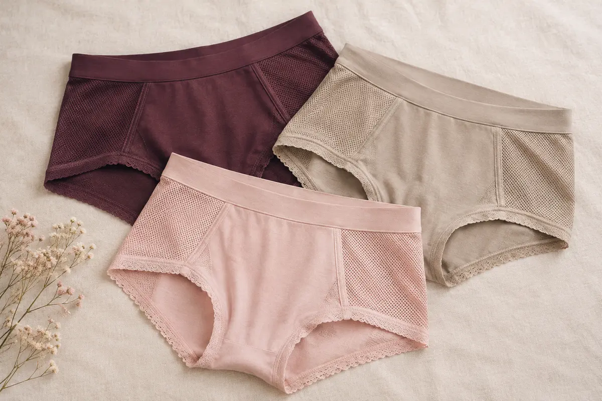 Boxers de lingerie pour femme en maille douce sur un fond de lin clair
