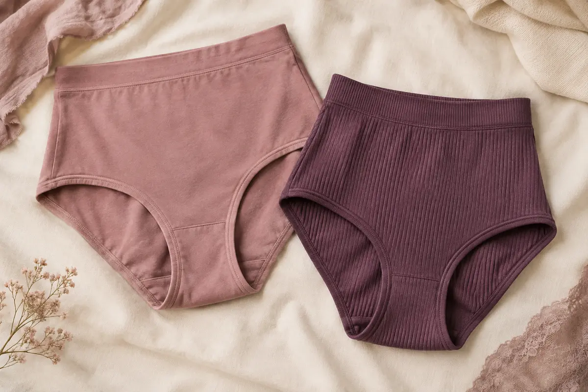 Culottes taille haute en maille souple présentées à plat sur un fond crème