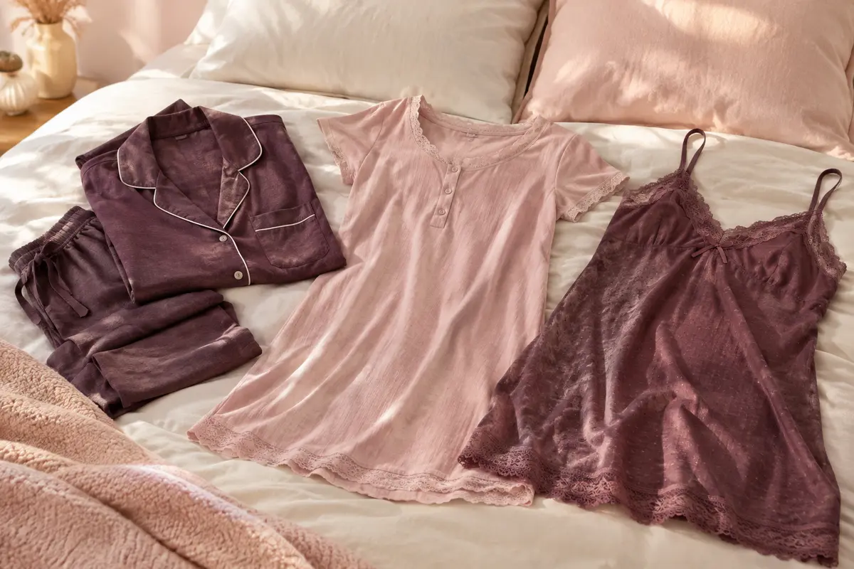 Pyjama, chemise de nuit et nuisette posés sur une literie ivoire