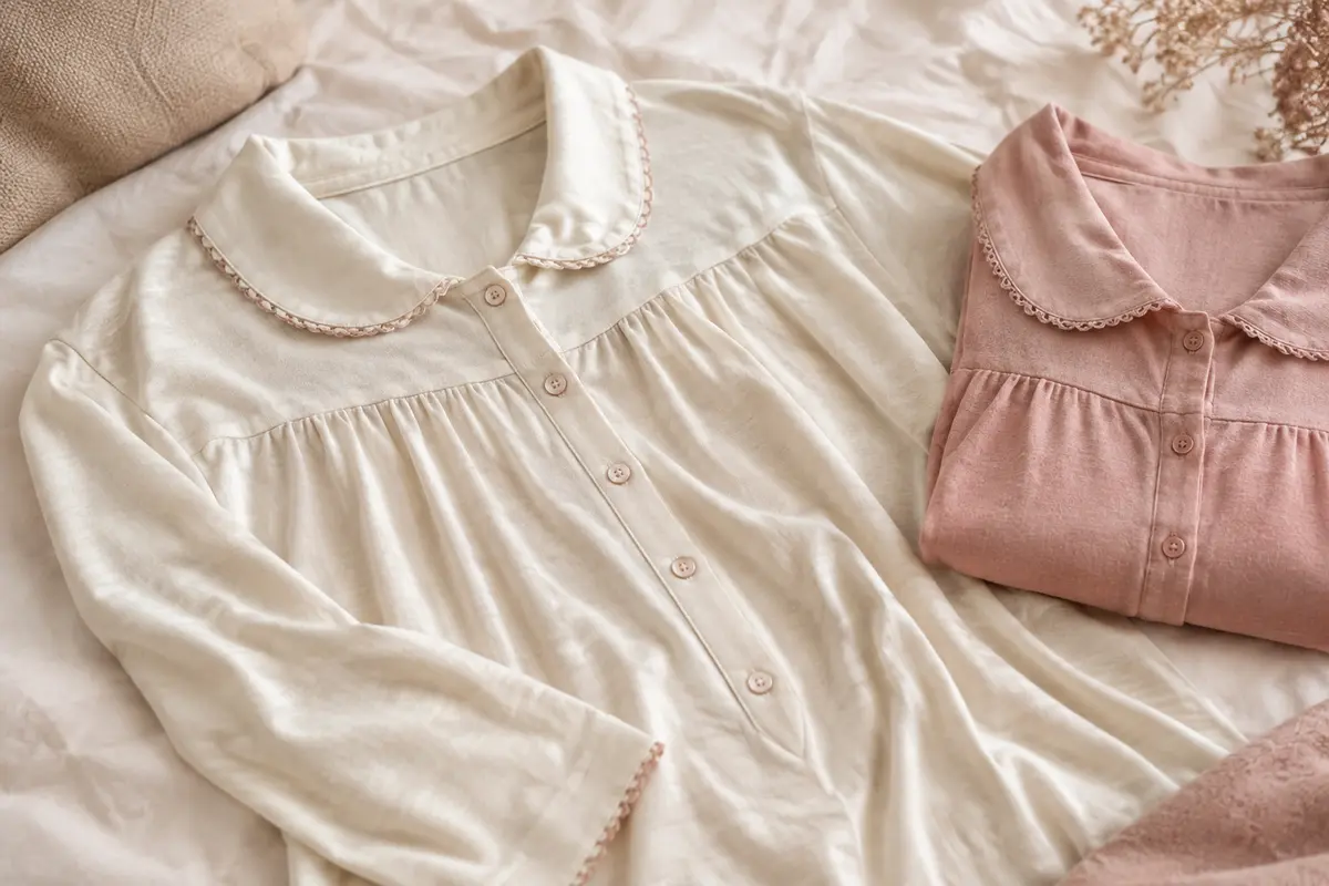 Chemise de nuit en coton présentée à plat sur un drap ivoire
