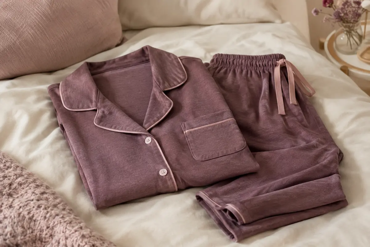 Pyjama en maille douce plié sur une literie claire