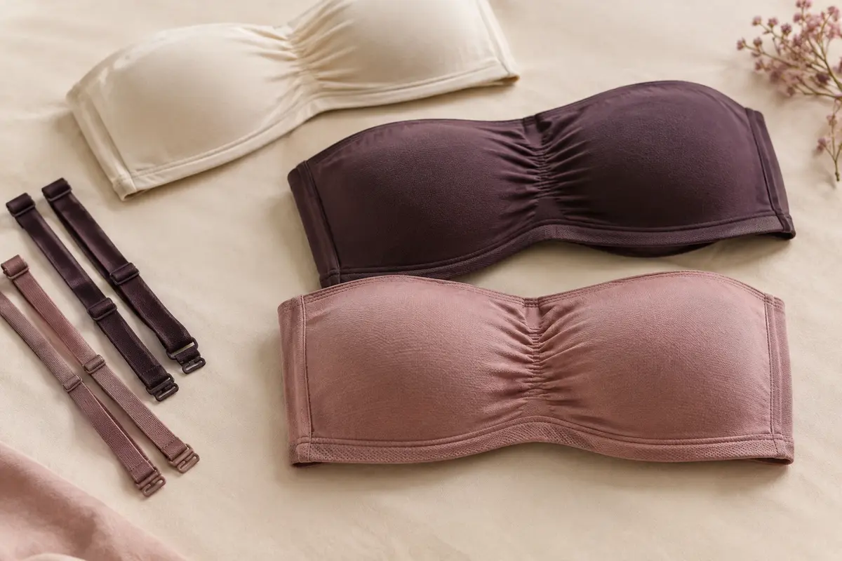 Soutiens-gorge bandeau aux finitions douces disposés sur un fond crème