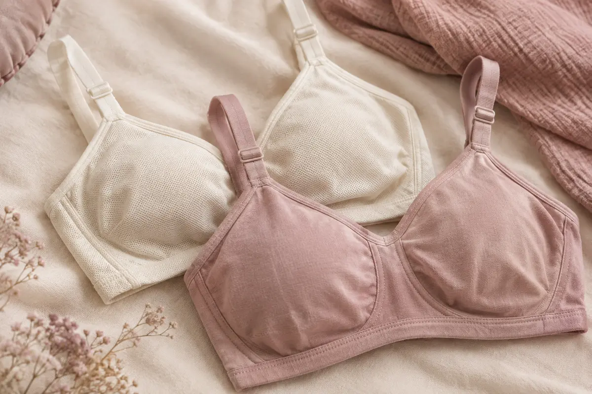 Soutiens-gorge sans armatures en maille douce posés sur un tissu crème