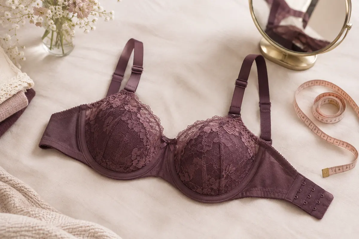 Soutien-gorge posé à plat, bretelles et régleurs visibles pour illustrer les vérifications de maintien.