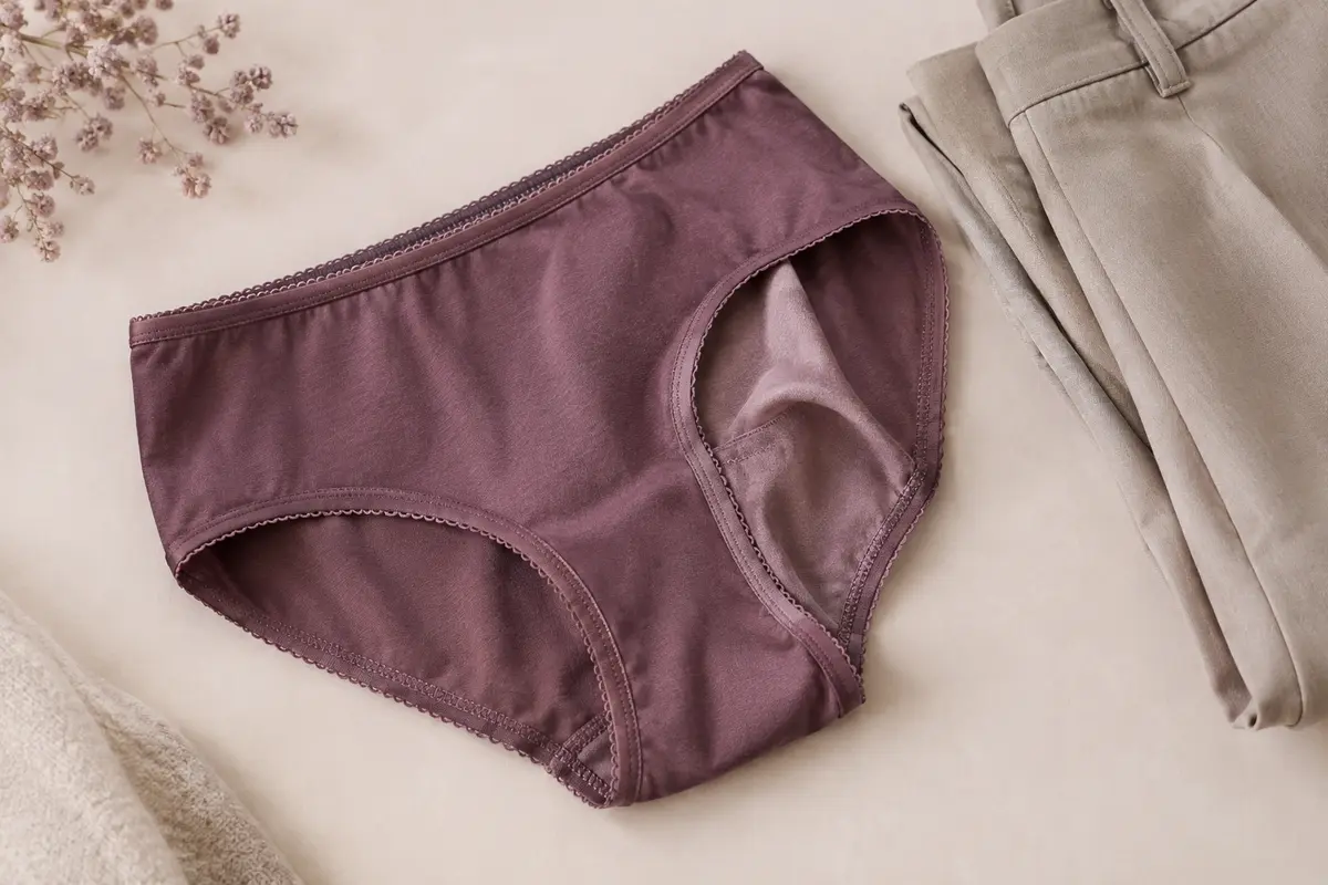 Culotte en coton retournée pour montrer ses coutures intérieures et ses bordures, près d’un pantalon plié.
