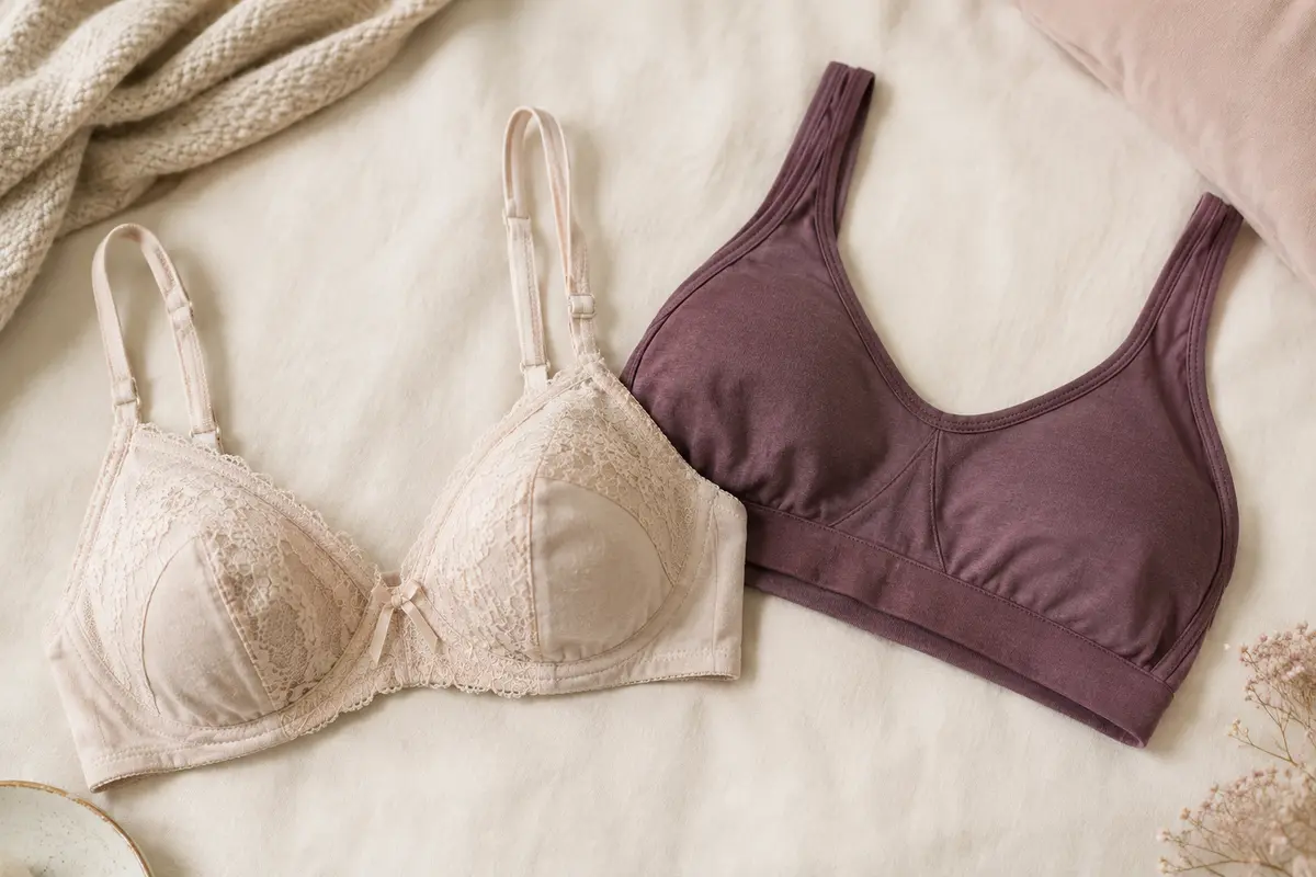 Soutien-gorge sans armatures et brassière posés côte à côte pour comparer leur construction