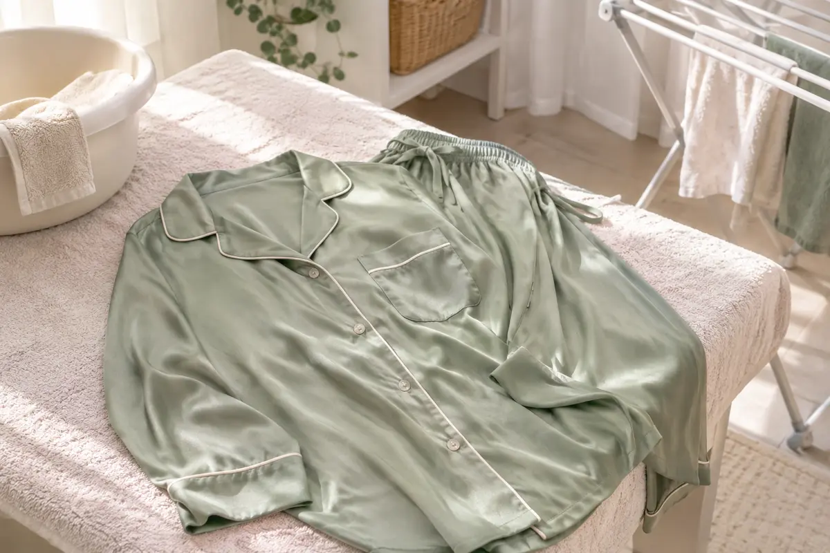 Pyjama fluide en viscose étendu à plat sur une serviette pour un séchage délicat