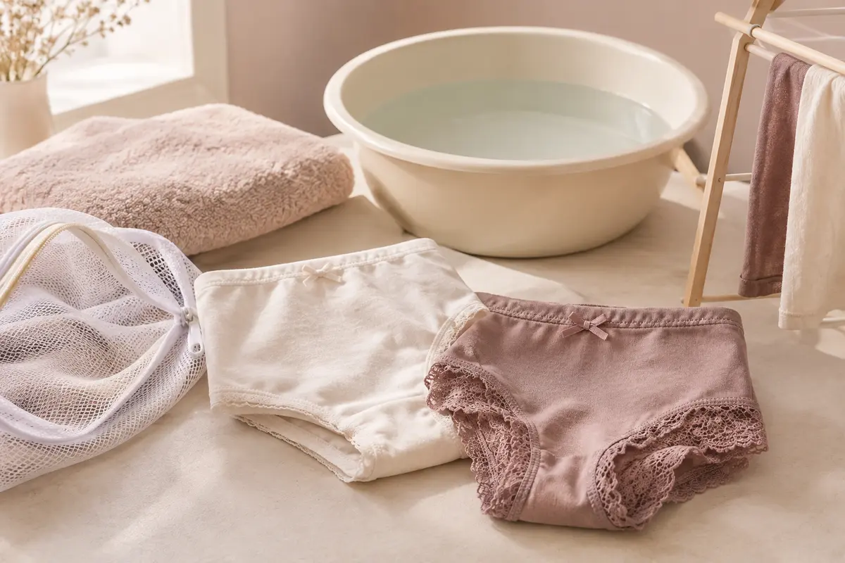 Culottes en coton et en dentelle posées près d’un filet de lavage et d’une serviette propre