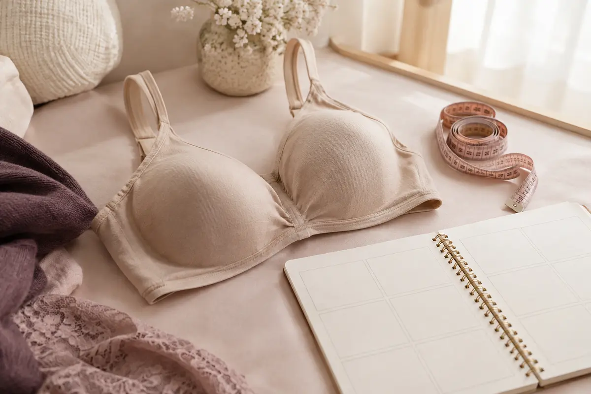 Mètre ruban et soutien-gorge posés sur une surface claire pour illustrer la prise de mesures et le choix d’une taille.