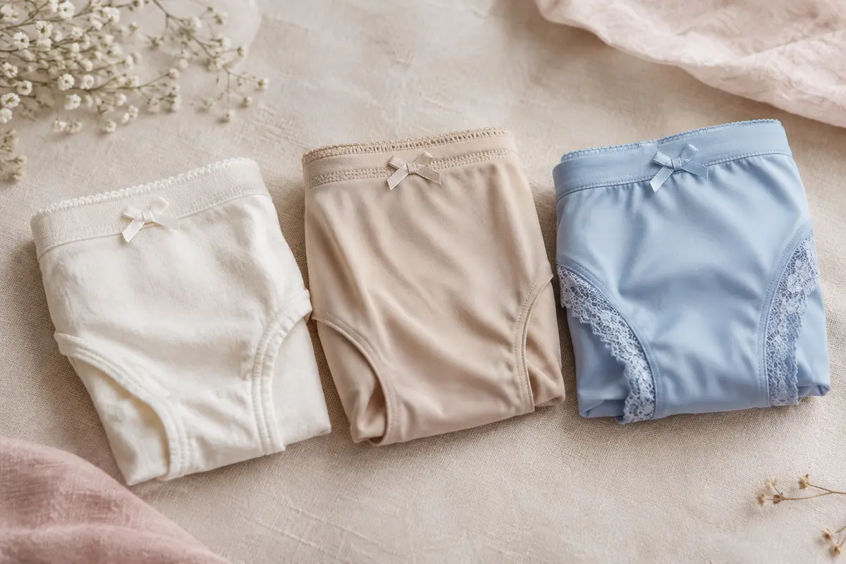 Trois culottes pliées en coton, modal et microfibre illustrent différentes textures pour l’été.