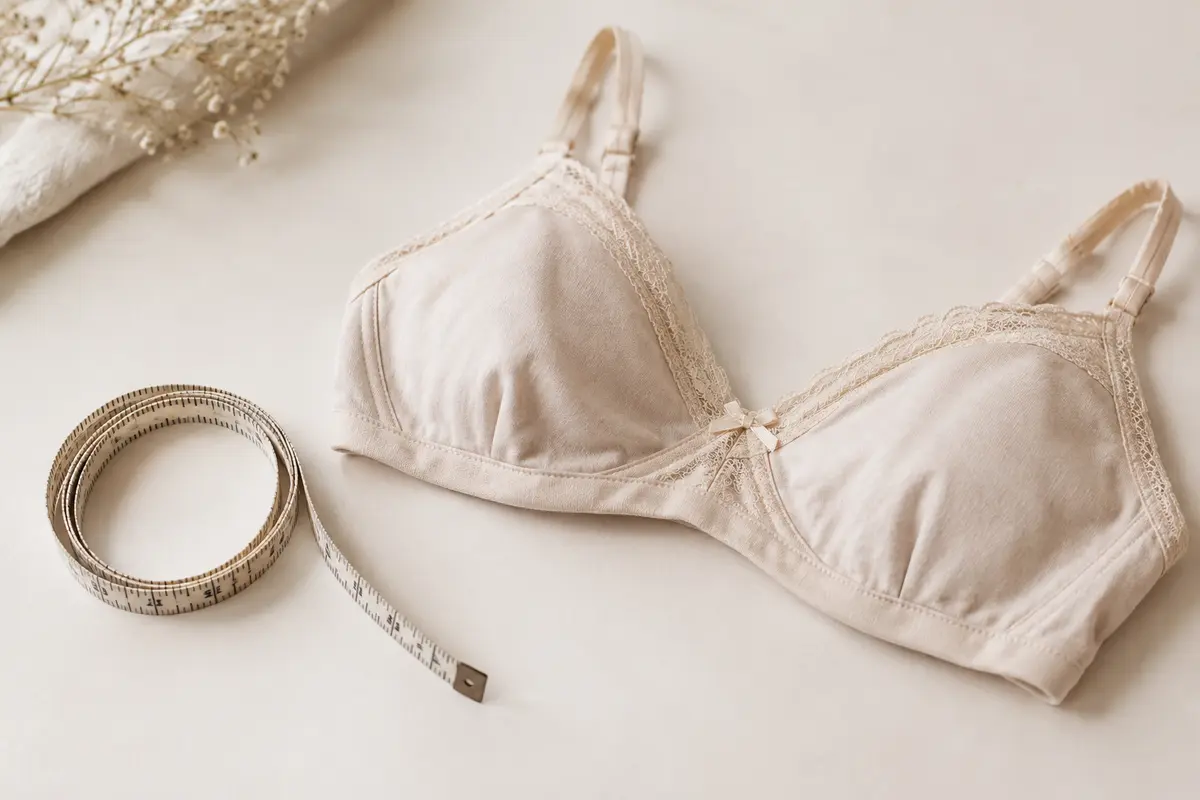 Mètre ruban souple posé à côté d’un soutien-gorge léger sur une surface claire.
