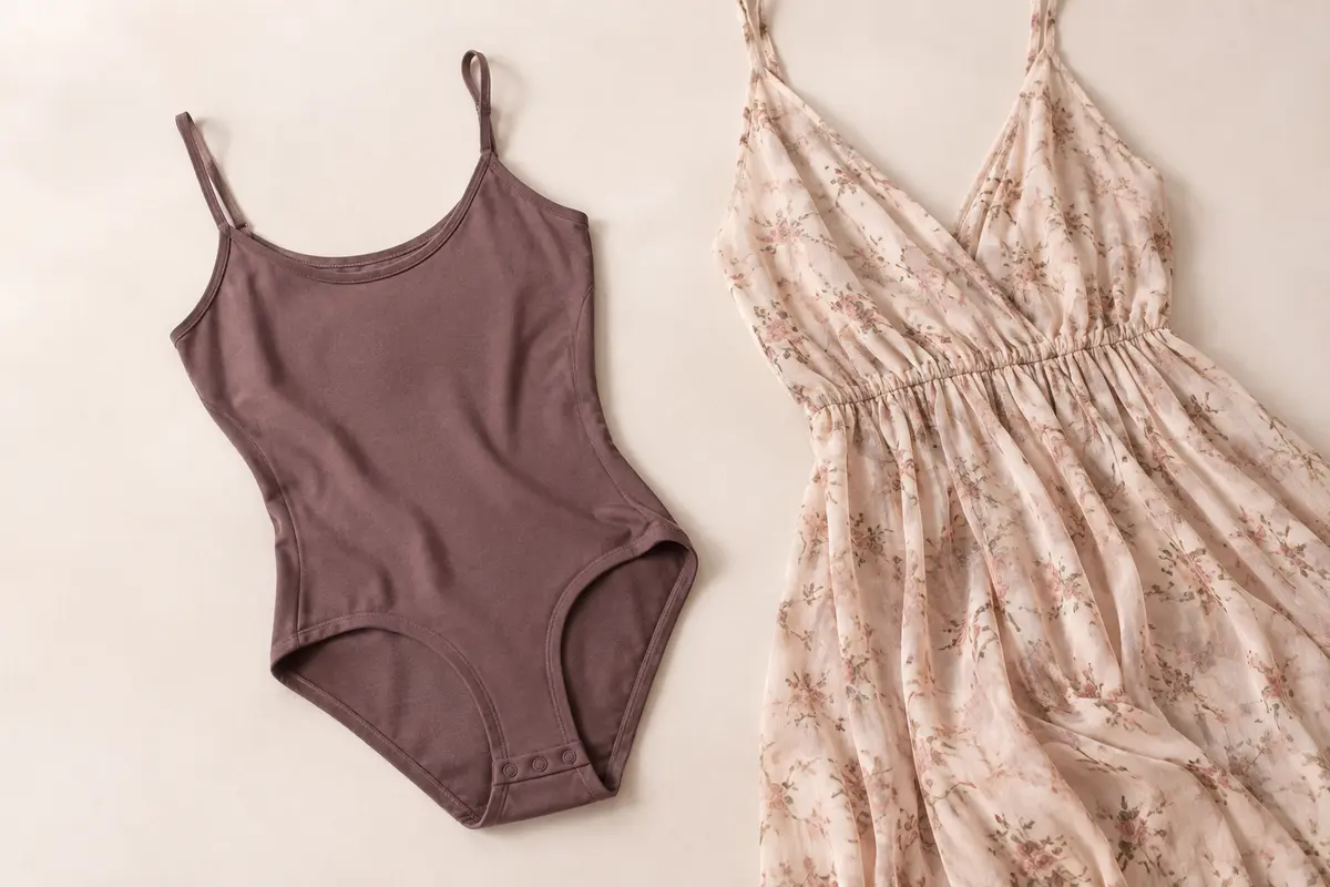 Body uni posé près d’une robe fluide, avec ses coutures et sa fermeture à pressions visibles.