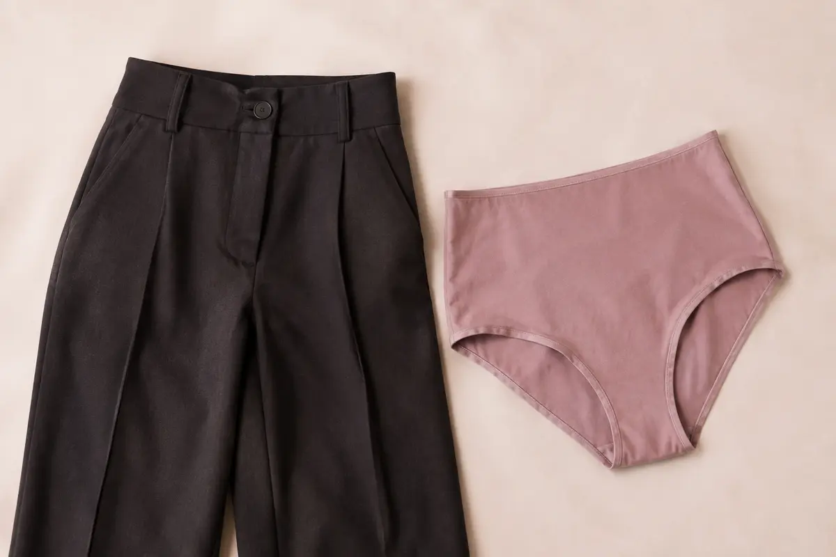 Pantalon taille haute et culotte assortie posés à plat pour comparer leurs ceintures et leurs finitions.