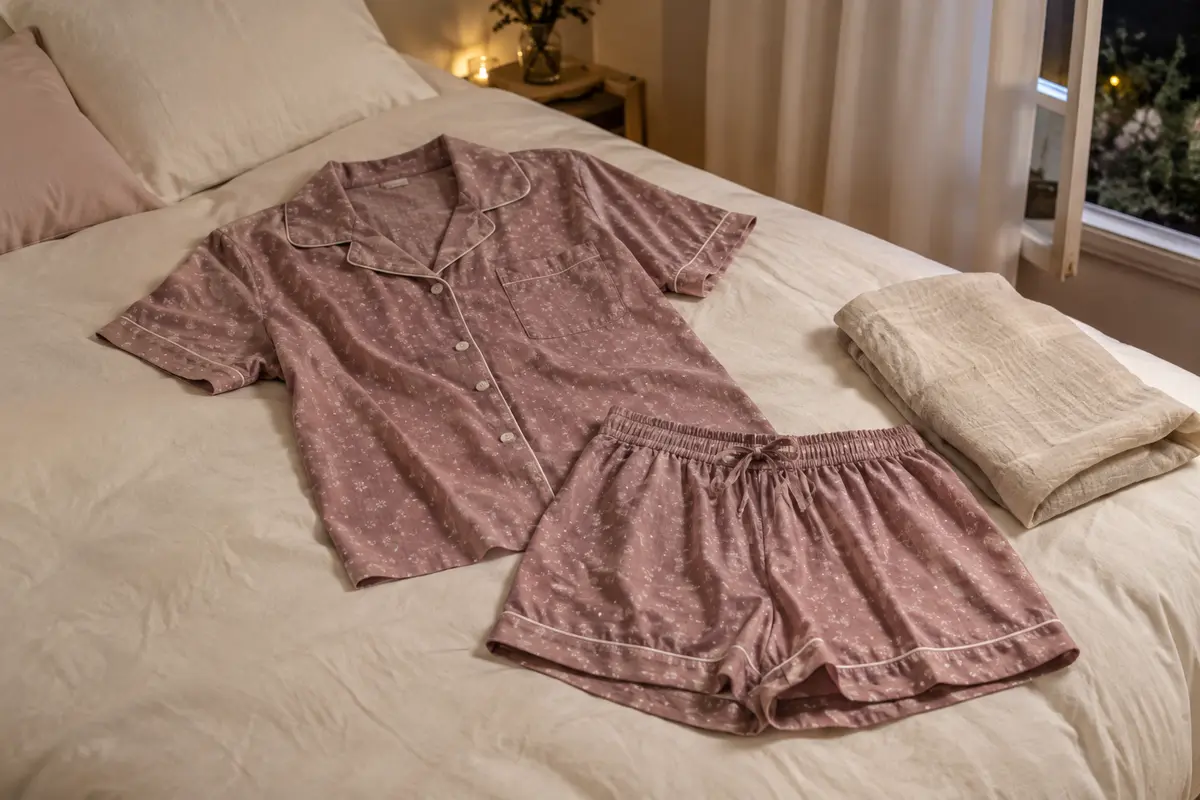 Pyjama léger à manches courtes et short posé sur un lit dans une chambre estivale