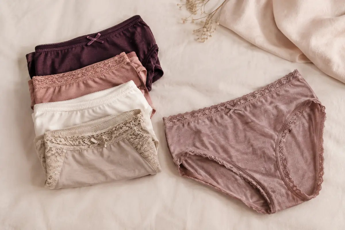 Culottes propres pliées et détails de tissu illustrant le contrôle de leur usure