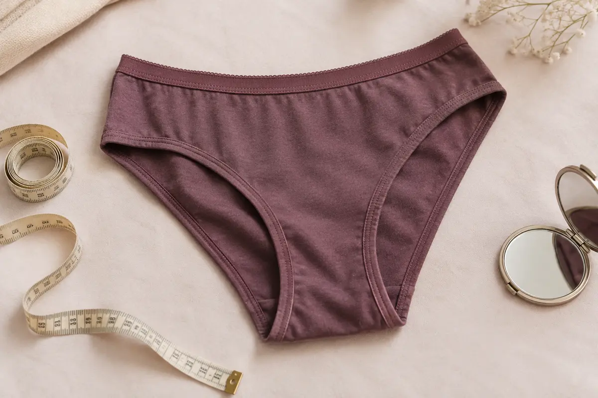 Culotte en coton posée à plat avec un mètre ruban pour observer sa coupe et ses bords élastiqués