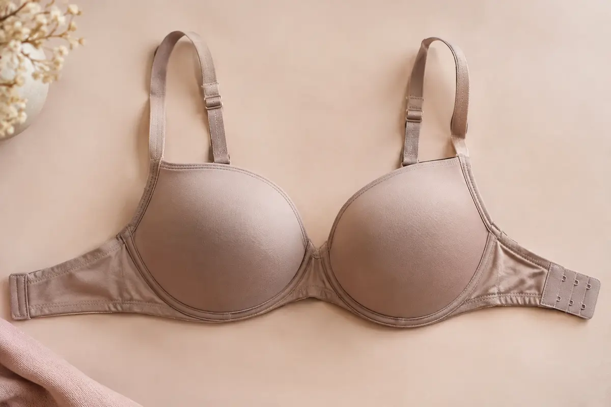 Soutien-gorge souple posé à plat, montrant les bonnets, les bretelles et la bande de dos