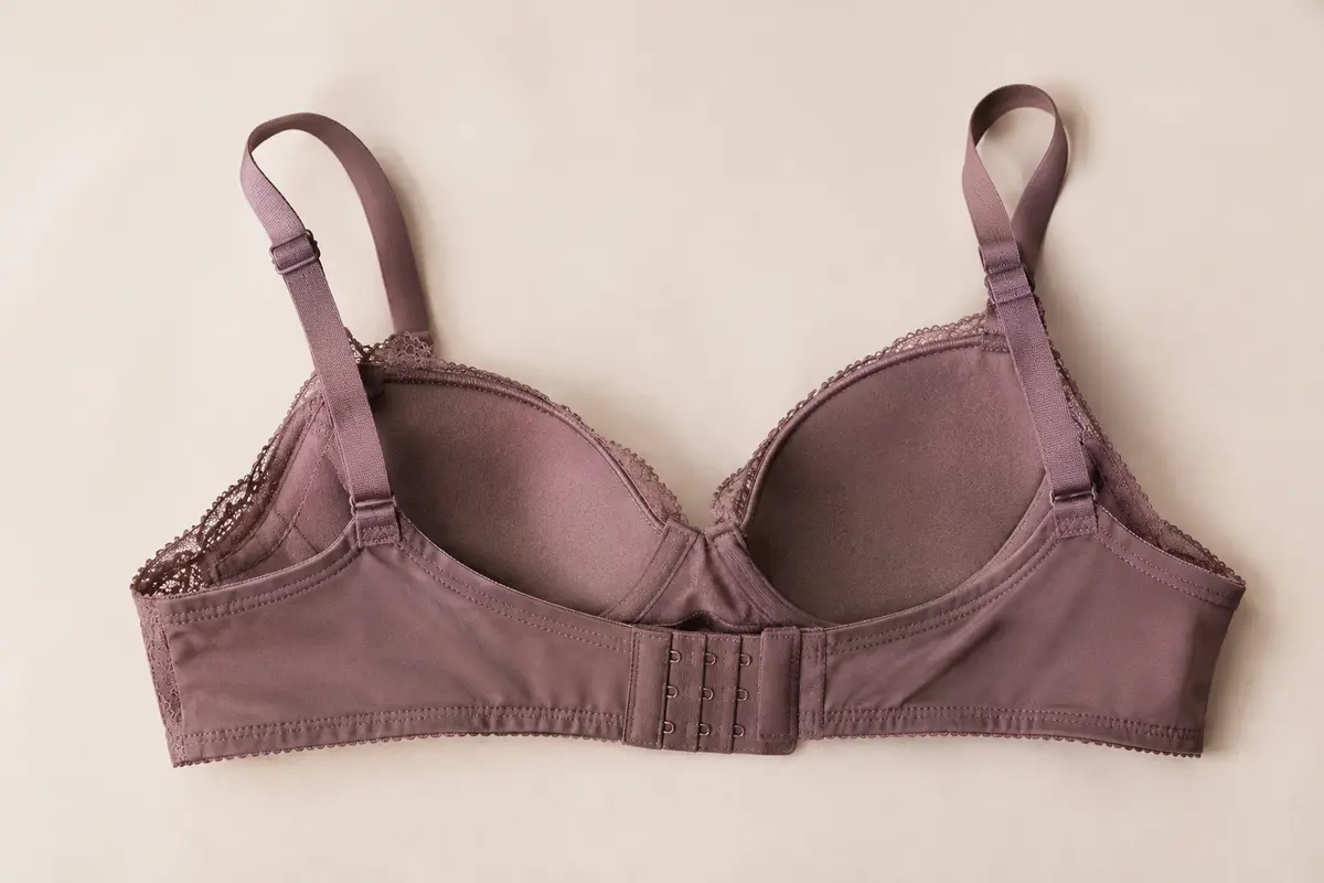 Soutien-gorge neuf posé à plat, avec ses rangées d’agrafes et ses bretelles réglables visibles