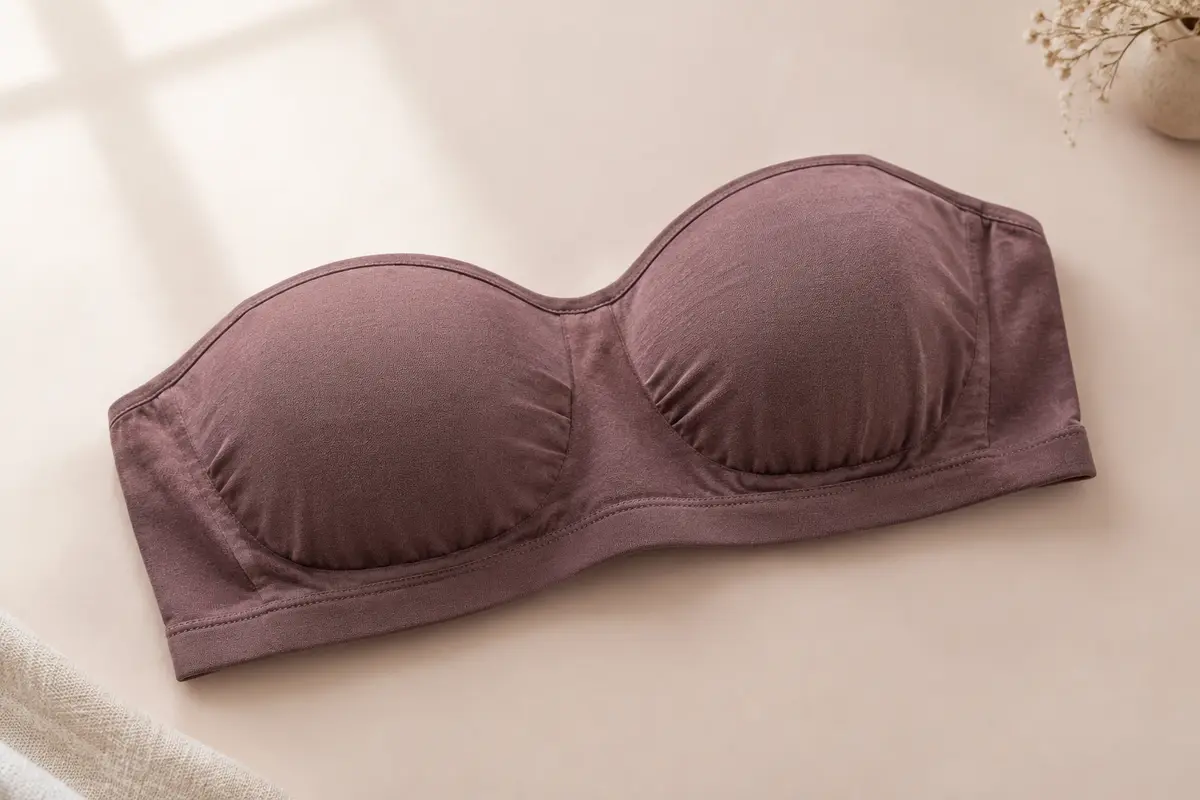 Soutien-gorge bandeau posé à plat, montrant ses bonnets et sa bande élastique de maintien