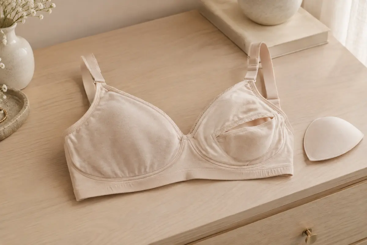 Soutien-gorge souple posé à plat avec un coussinet amovible à côté
