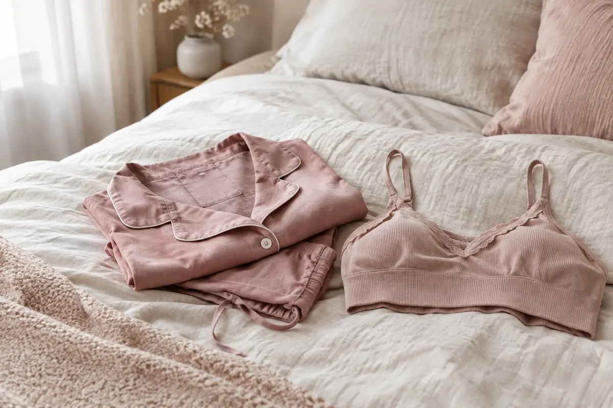 Brassière souple et pyjama plié sur un lit, pour illustrer le choix des dessous de nuit