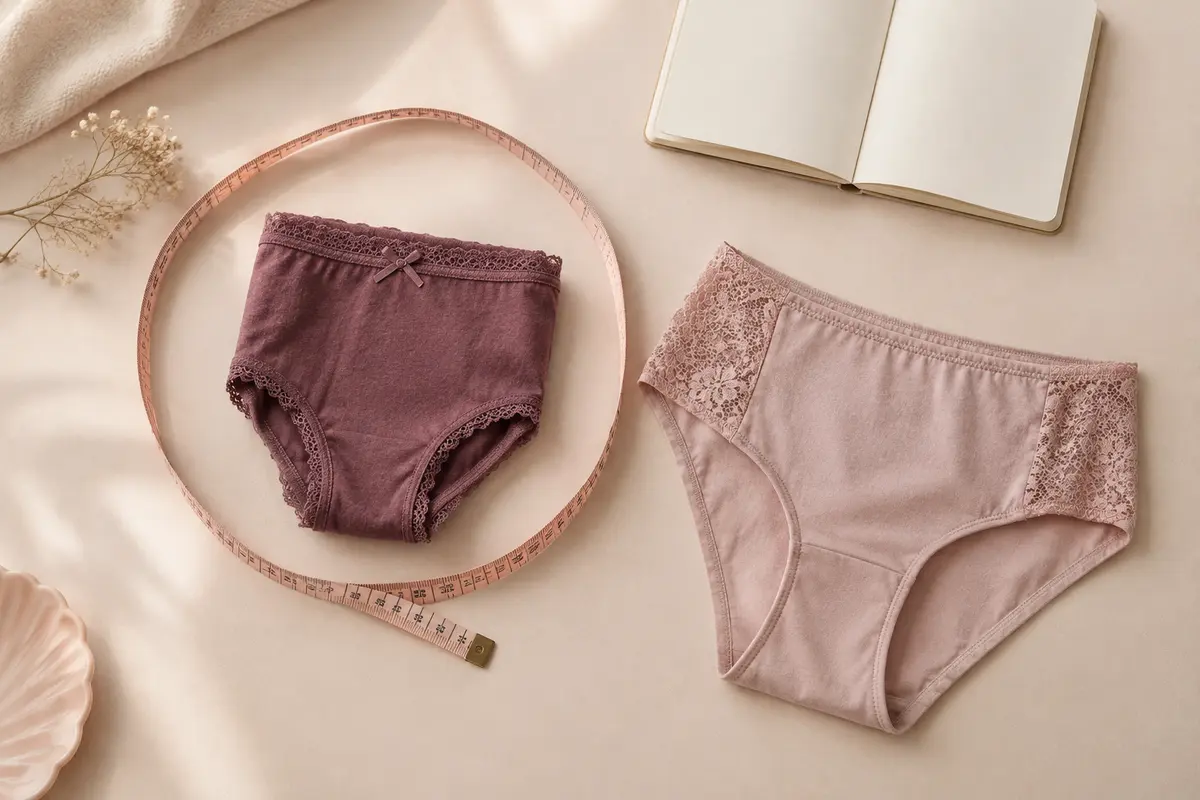 Mètre ruban souple et culottes en coton posés sur une surface claire pour illustrer le choix de taille.
