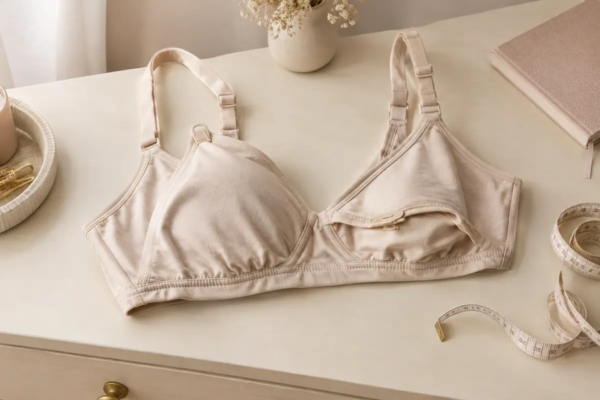 Soutien-gorge d’allaitement souple avec bretelles réglables posé près d’un mètre ruban.