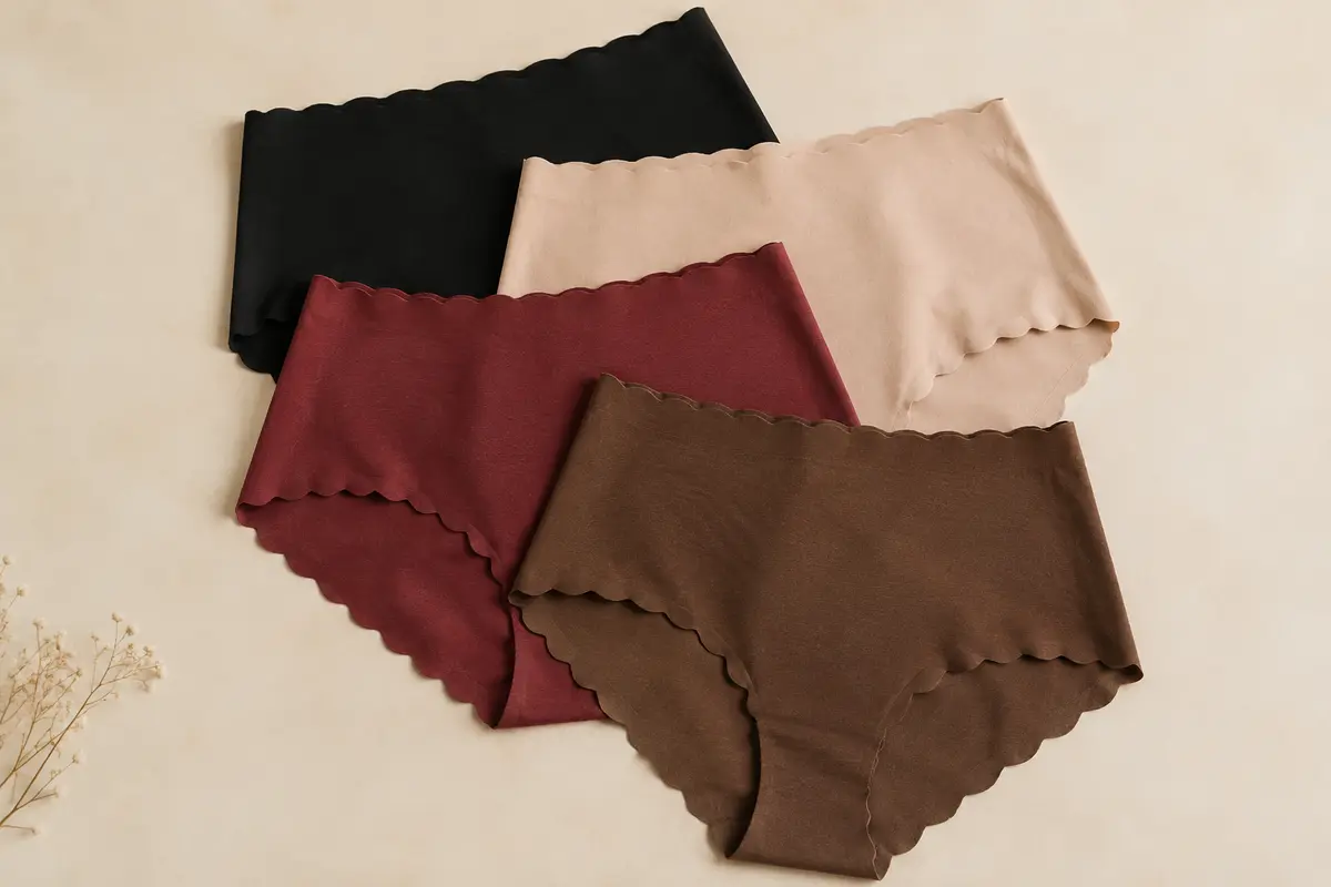 Lot de quatre shortys taille haute aux finitions ondulées, présentés à plat sur un fond crème