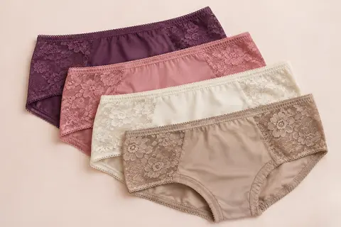 Lot de boxers femme en dentelle, cadré sur les motifs, les coutures plates et la doublure de l’entrejambe