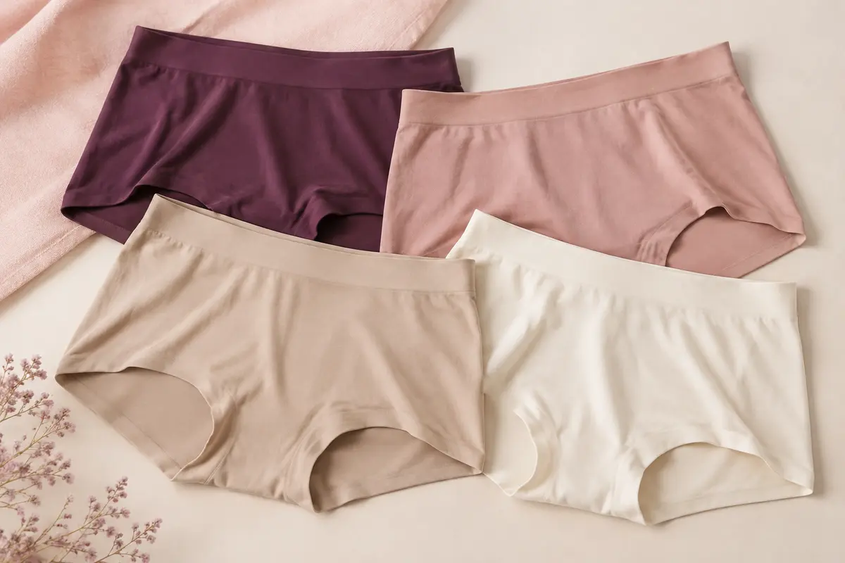 Quatre boxers de lingerie unis pliés sur un fond crème, avec leur taille élastique et leur coupe couvrante visibles.