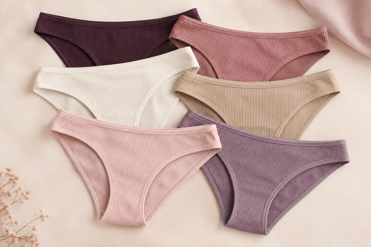 Six slips bikini en coton côtelé à coloris assortis, disposés sur un fond crème doux.