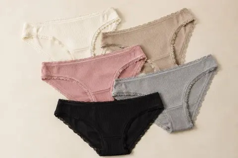 Cinq culottes bikini en coton côtelé et dentelle disposées à plat sur un fond crème
