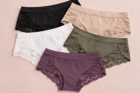 Cinq boxers de lingerie en dentelle florale, dans des coloris assortis sur un fond crème.