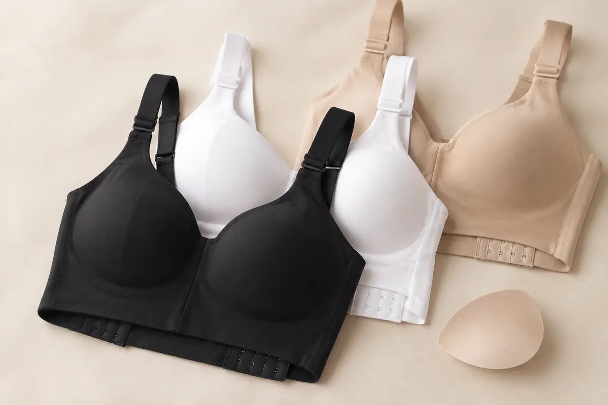 Trois soutiens-gorge bustier sans armatures, noirs, blancs et beiges, avec leurs bretelles réglables.