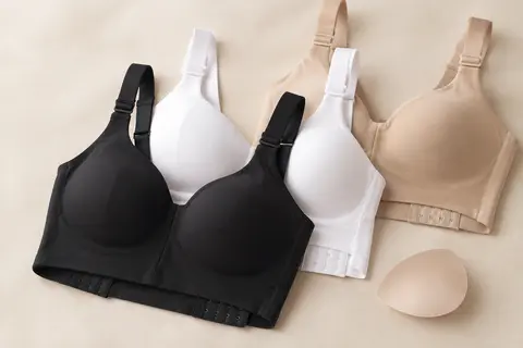 Trois soutiens-gorge bustier sans armatures, noirs, blancs et beiges, avec leurs bretelles réglables.