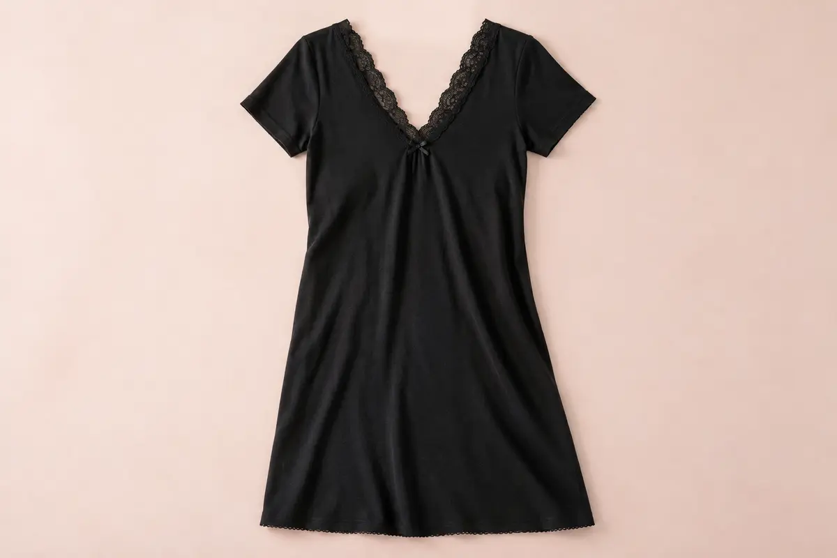 Chemise de nuit noire à manches courtes avec décolleté en V orné de dentelle, présentée sur fond crème.