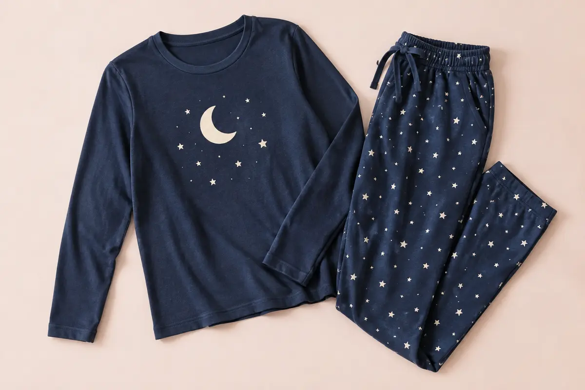 Ensemble de pyjama bleu foncé avec haut à manches longues imprimé et pantalon à étoiles.