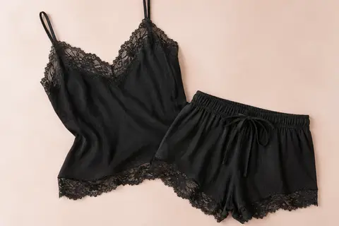 Ensemble de pyjama noir avec caraco à fines bretelles et short bordés de dentelle florale.