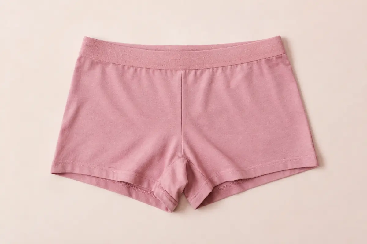 Shorty boxer rose sans couture posé à plat sur un fond crème, avec sa maille extensible et sa coupe couvrante.