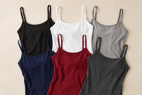 Lot de six caracos unis à fines bretelles réglables, présentés dans six coloris sur fond crème.