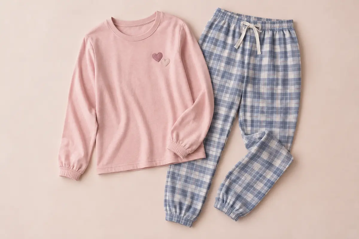 Pyjama deux pièces rose et bleu, avec haut à cœurs et pantalon à carreaux.