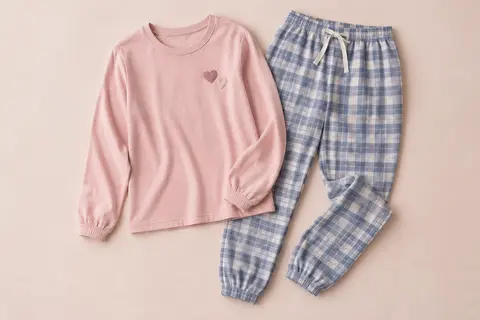 Pyjama deux pièces rose et bleu, avec haut à cœurs et pantalon à carreaux.