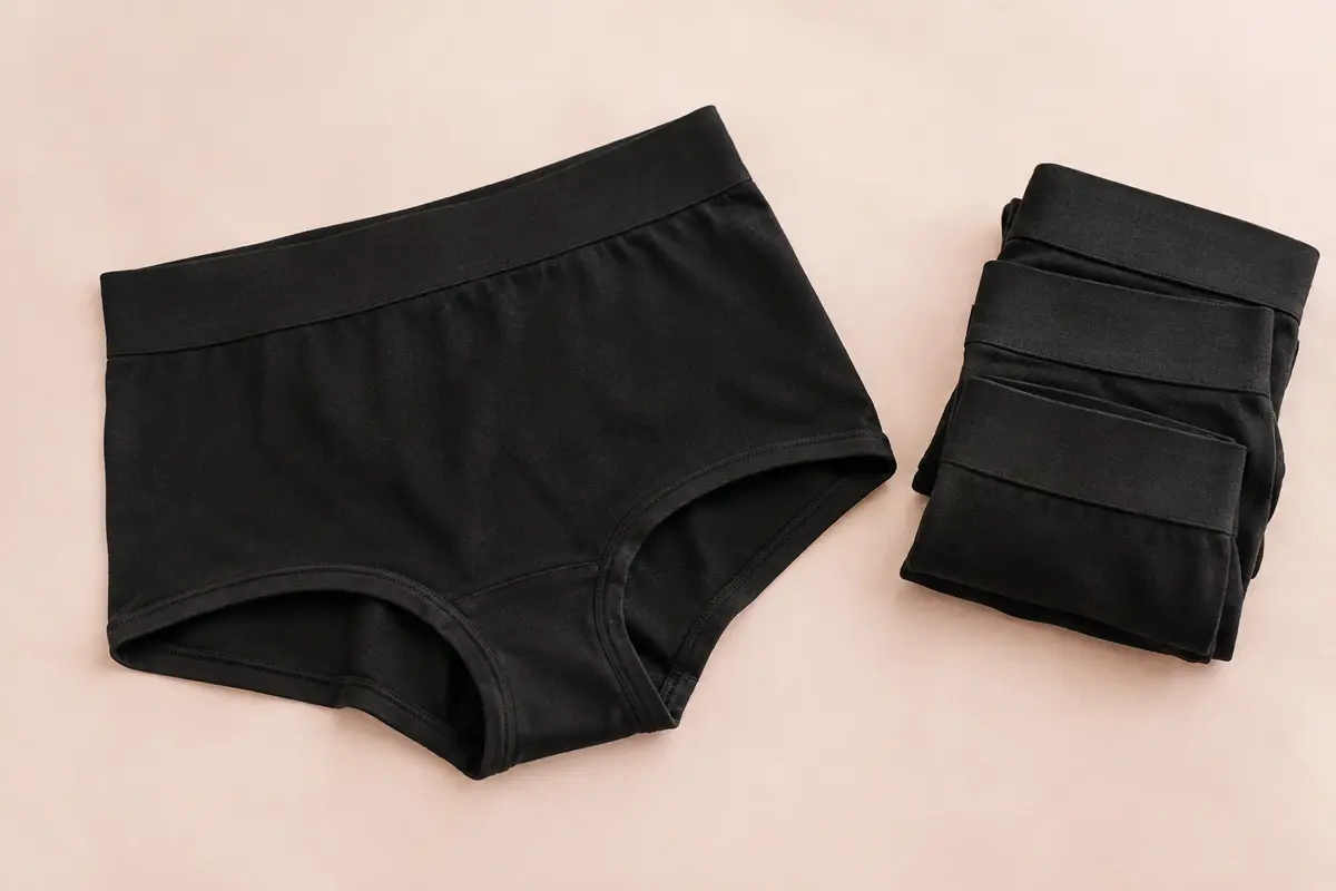 Quatre shortys noirs en coton, dont un déplié pour montrer la taille élastique et la coupe enveloppante.