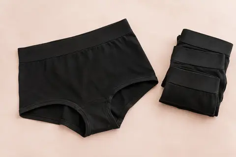 Quatre shortys noirs en coton, dont un déplié pour montrer la taille élastique et la coupe enveloppante.