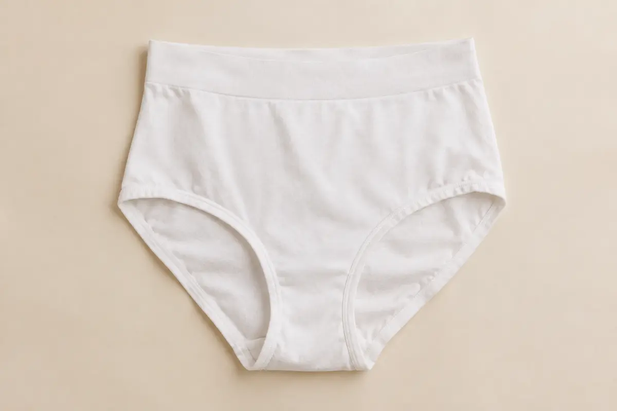 Culotte classique blanche taille haute en coton, présentée seule sur un fond crème doux