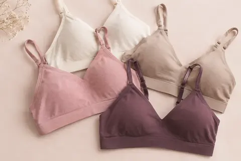 Lot de soutiens-gorge Channo sans coutures, avec fines bretelles réglables, présenté sur un fond crème doux.