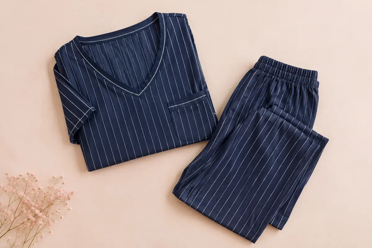 Ensemble de pyjama bleu marine à rayures, avec haut col V et pantacourt à taille élastiquée.