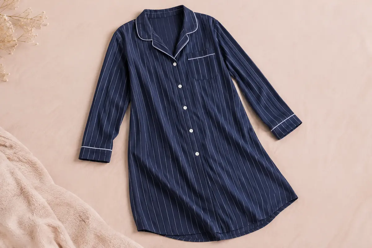Chemise de nuit ample à manches longues, bleu foncé et rayée, présentée à plat sur un fond doux