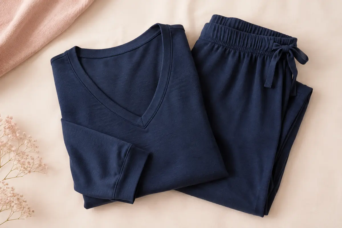 Pyjama bleu marine composé d’un haut à manches longues avec col V et d’un pantalon
